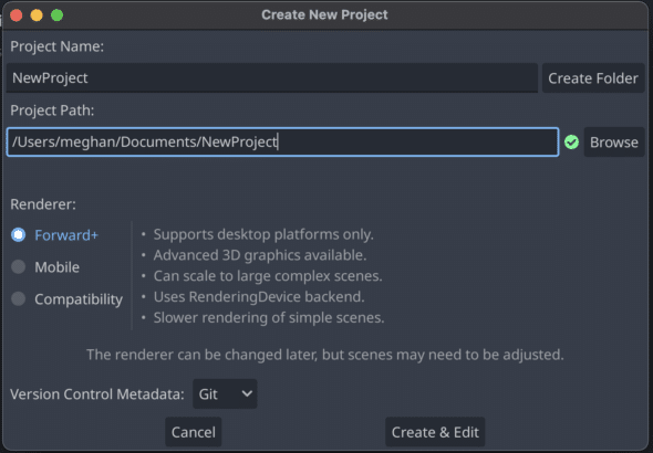 Godot create new project dialog